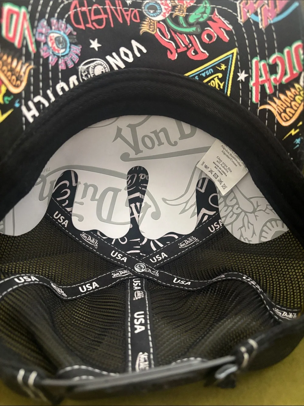 Von Dutch Black Trucker Cap with Colorful Graphic Patches NWOT